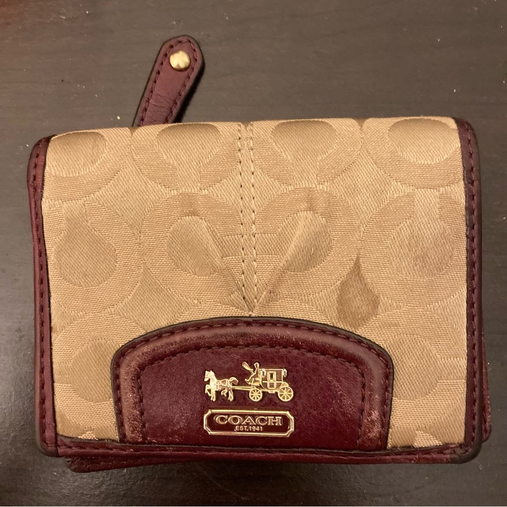 Coach Cream and Maroon Leather Trimmed Short Wallet